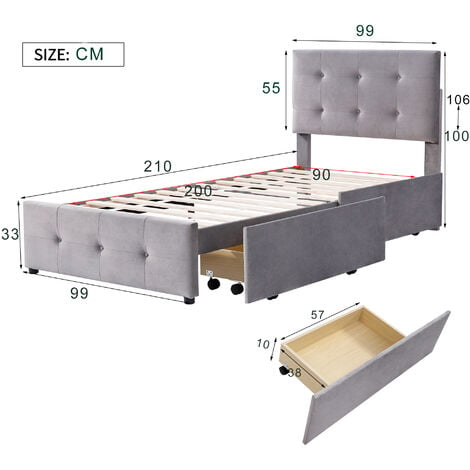 Letto imbottito 90 x 200 cm con rete a doghe, schienale e due