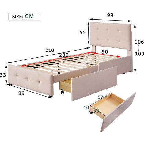 Letto Singolo 90x200 cm Letto Imbottito con Rete a Doghe, Schienale e 2  Cassetti per Bambini