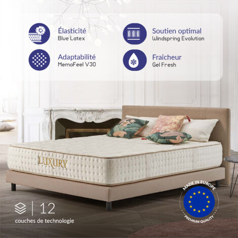 Matelas 140x190 cm - Luxury - Matelas Ressorts Ensachés Hybrid, Mousse mémoire HR, Blue Latex,  Équilibré, Réversible, Très épais 30 cm