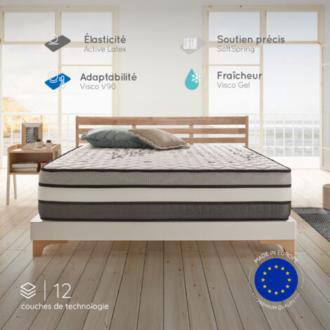 Matelas 180x200 cm - Solar - Matelas Ressorts Ensachés Hybrid, Mousse mémoire HR, Blue Latex, Équilibré, Réversible, Très épais 30 cm