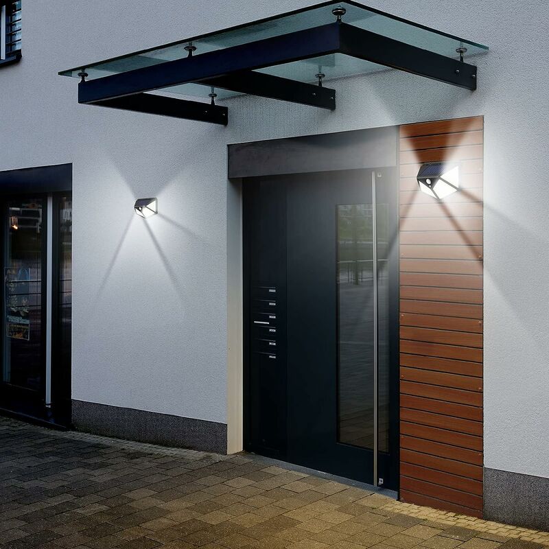 Pack de 4 Apliques Luces Solares con Detector de Movimiento para Exterior  LED 3 Modos Impermeable Lámpara de Pared Jardín Patio Valla Garaje