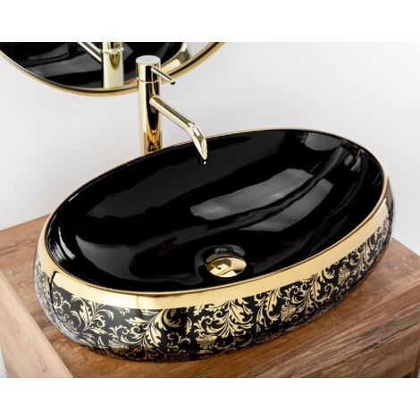 Rea Meryl Ceramic Bathroom Sink - Countertop Vanity Basin, White/Gold, 600x405x145mm