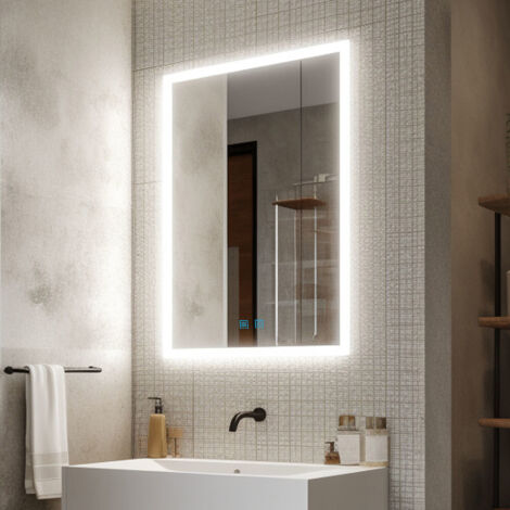 Finmrys Miroir lumineux de salle de bain 50x70 cm Anti-buée avec Eclairage 3 Températures de Couleur, Fonction Mémoire Horizontal Vertical 19.69"x27.56" (1/5)