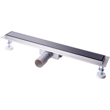 Caniveau de Douche Italienne  - 60 cm Verre Noir - Acier Inoxydable Extra Plat Siphon de sol Douche Italienne pour Salle de Bain