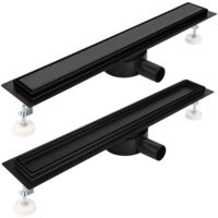 Caniveau de douche 70 cm complet noir, caniveau de vidange en acier inoxydable, caniveau de douche carrelé extra plat avec filtre à cheveux, anti-odeurs et siphon rotatif à 360°