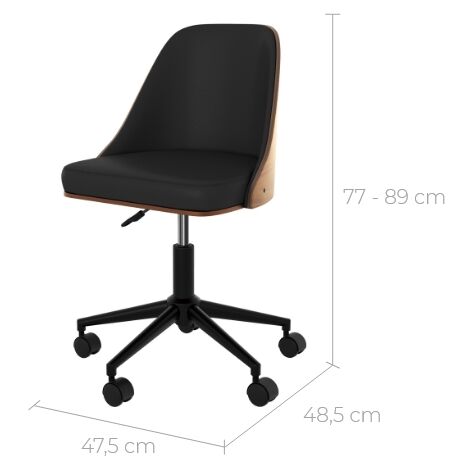 Silla giratoria de oficina con ruedas en madera oscura y PU negro - Georges