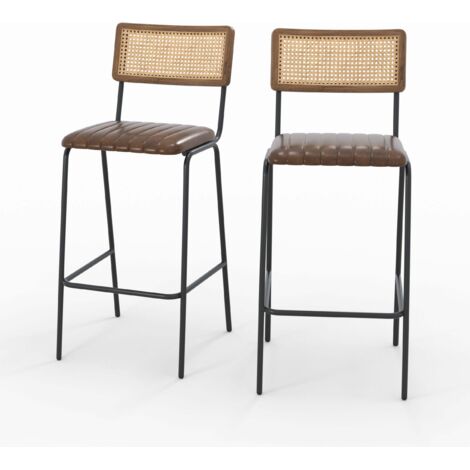 Set de 2 sillas de bar en enea y cuero marrón 76 cm - Arsène