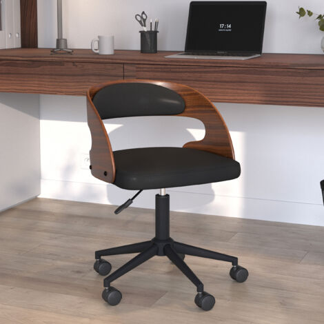 Silla de oficina con ruedas en madera oscura y PU negro - Louis