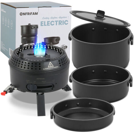 ENFRIFAM Topf-Set Campingkocher, Gaskocher Outdoor Kochgeschirr, Tragbar Reisekocher , Aluminium.Kombiniere 700W Elektrische & 2200W Gas, 1 flammig, für 2-4 Personen , für Picknick Backpacking Camping