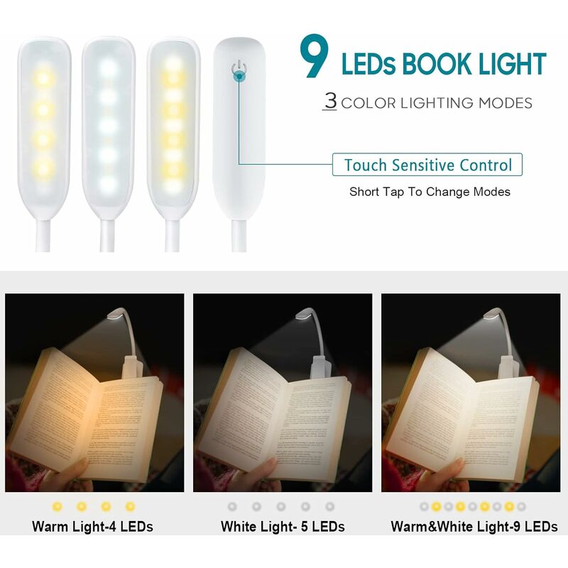 Luz de lectura, 14 luces LED de lectura con control táctil con 3 colores y  8 brillo, luz recargable para leer en la cama, luces de lectura portátiles