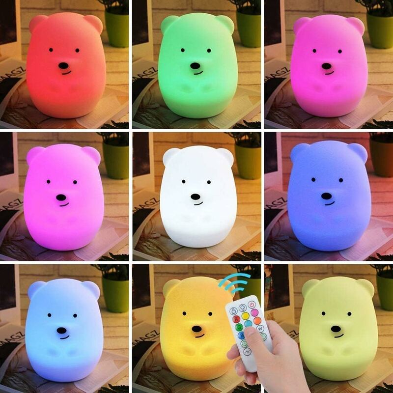 Luz de noche para niños Luz de noche de oso Lámpara LED Dormitorio 9  colores Luz de noche de bebé Luz de noche liviana recargable USB multicolor  con control remoto Regalo para