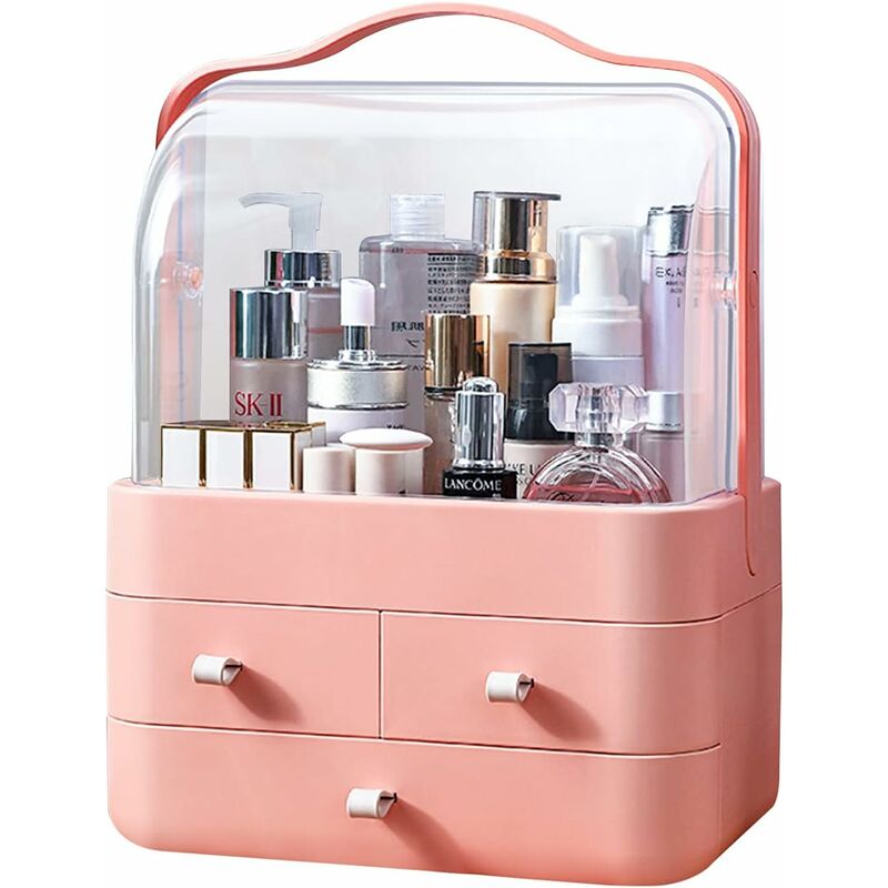 Elle Organizador de maquillaje con espejo – Soporte para cosméticos y joyas  con 15 compartimentos más 2 cajones en plástico transparente