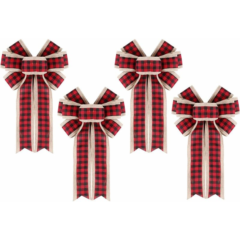 Lazos de tela escocesa de Navidad, 4 piezas Lazos de tela escocesa de búfalo Lazo de corona de Navidad Lazos de Navidad Lazo de cinta de arpillera Negro con lazos de tela escocesa de búfalo rojo Lazos colgantes para decoración navideña