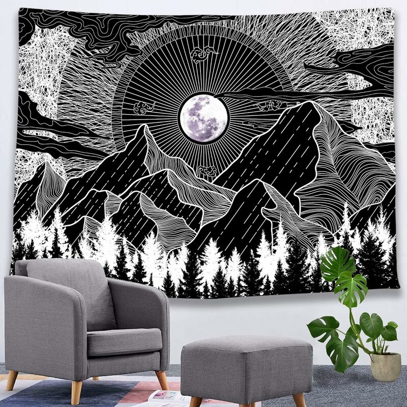  Tapiz decorativo de pared de hongos trippy para dormitorio,  bonito tapiz de sol y luna en blanco y negro, pequeño póster de plantas  verdes vintage, divertido póster para colgar en la