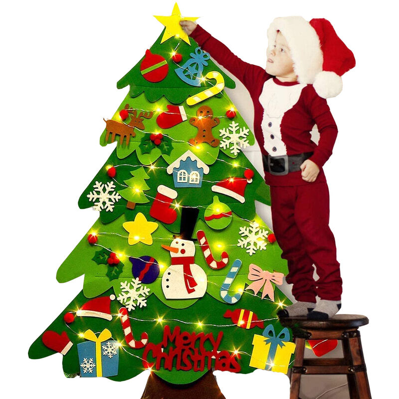 Árbol de Navidad de fieltro, decoración de bricolaje de Navidad, árbol de Navidad con 32 adornos, decoración de pared con luces LED para niños, decoración de pared para puerta de casa