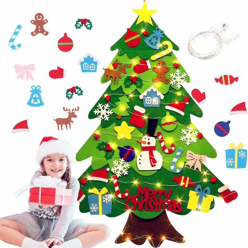 Árbol de Navidad de fieltro de bricolaje, árbol de Navidad de fieltro de bricolaje, con 30 adornos navideños y luces de hadas Árbol de fieltro montado en la pared, adecuado para la decoración de regalos de Navidad en el hogar