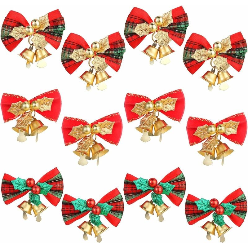 12 lazos de Navidad con campanas para árbol de Navidad, decoración de lazos, mini guirnaldas, lazos de tela de lino, lazos vintage, adornos colgantes decorativos para regalos (rojo, verde y dorado)
