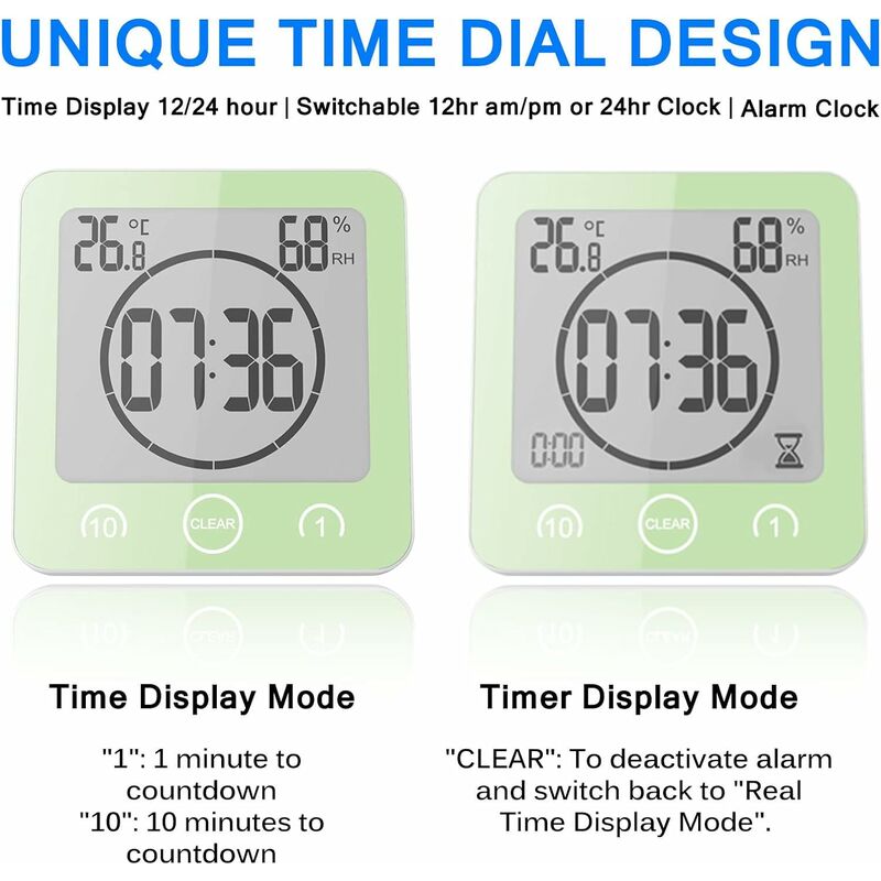 BALDR Reloj de ducha LCD impermeable con temporizador, reloj de baño, reloj  de pared, funciona con pilas, reloj LCD con tiempo, temperatura y humedad