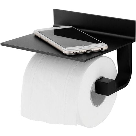  Soporte de papel higiénico negro con estante soporte de  almacenamiento de papel higiénico con reserva para baño, sostiene  toallitas, teléfono móvil, rollos mega : Herramientas y Mejoras del Hogar