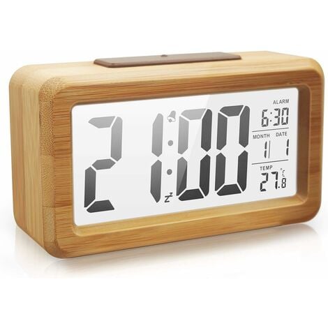  Reloj despertador digital con pilas, reloj digital LCD de  madera con sensor inteligente de luz nocturna, detección de temperatura,  función de repetición para dormitorio, mesita de noche, escritorio : Hogar y
