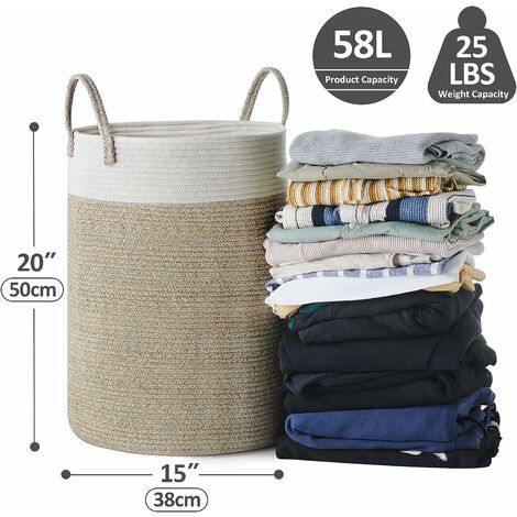 Cesto de ropa sucia grande blanco y marrón de 58 l, cesta de almacenamiento  de cuerda tejida alta para mantas, juguetes, ropa sucia en la sala de