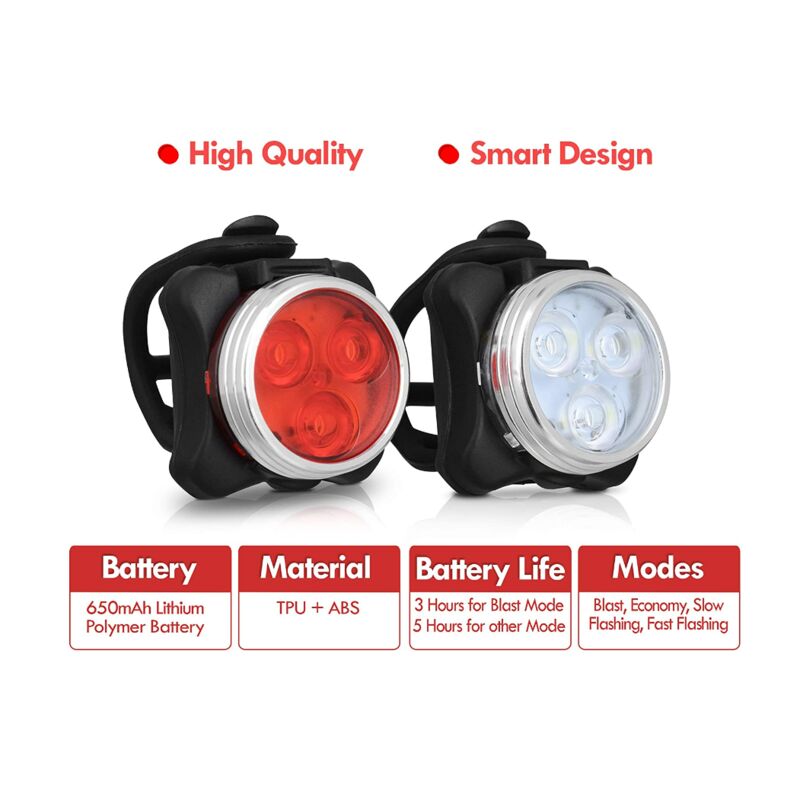 LAMPE LED VELO 650mh Rechargeable Avant et Arrière, 4 Modes de Luminosité,  Éclairage USB Antichoc Impermeable, pour VTT Cycl