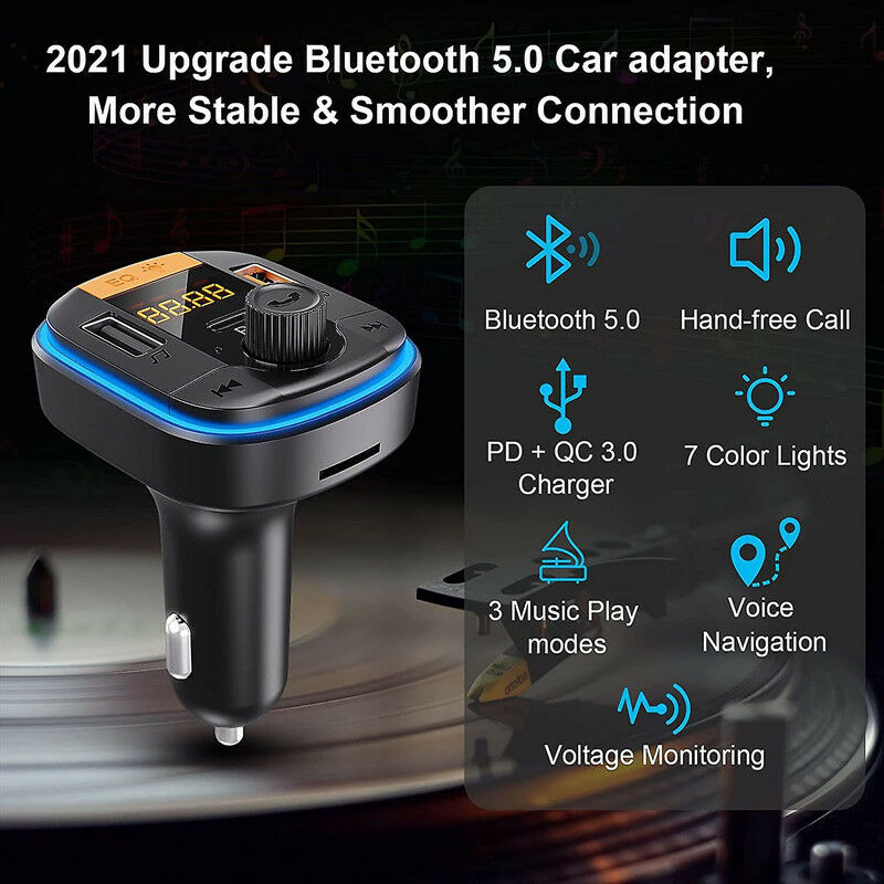 Transmetteur Fm Bluetooth Voiture, Allume Cigare Bluetooth 5.0 Metteur  Radio,appelsmains Libres,chargeur Rapide Qc3.0,lecteur De Musique  Mp3,support C