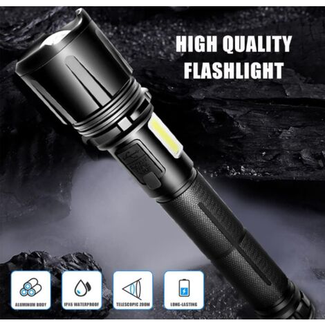 Torches LED Super Bright P70 30000-100000 Lumens, Lampe torche LED  rechargeable XHP70.2, Lampe de poche tactique avec étui, Lampe torche  puissante étanche IP67 (Noir)，BISBISOUS