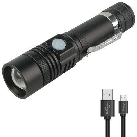 Torche LED USB rechargeable, lampe de poche étanche IPX5 zoomable