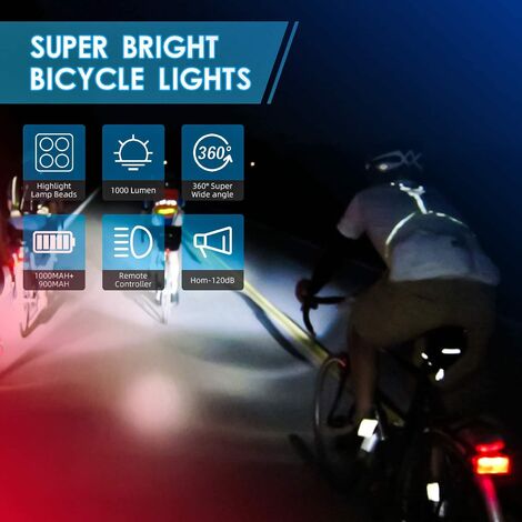 Ensemble d'éclairage de vélo, éclairage de vélo rechargeable par USB (feu  arrière avec klaxon), IPX5