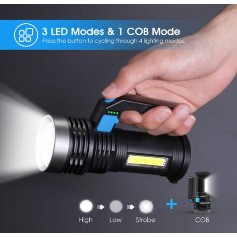 Lampe de poche solaire rechargeable 8 LED avec lumière latérale COB -  Luminosité élevée - 4 modes - Portable - Léger - Étanche - Pour la pêche,  le camping en plein air [Classe énergétique A+]