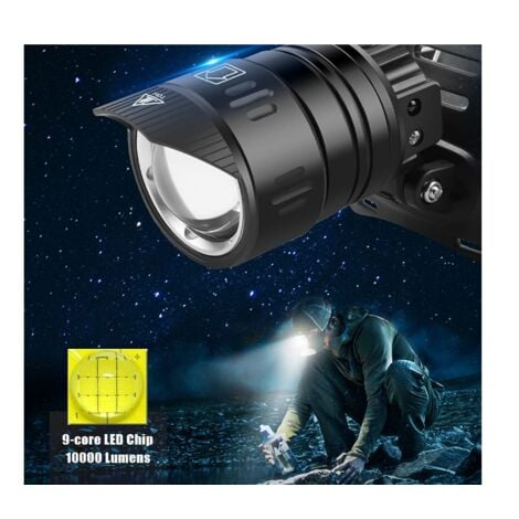 Lampe frontale LED 10000 lumens - 3 modes - Rechargeable