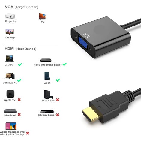 Adaptateur HDMI vers VGA, plaqué or (mâle vers femelle) pour ordinateur,  ordinateur de bureau, ordinateur portable