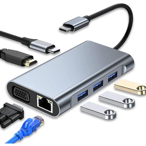 USB C multifonction 8 en 1 - Adaptateur Hub Type-C vers HDMI 4K +  Adaptateur Ethernet