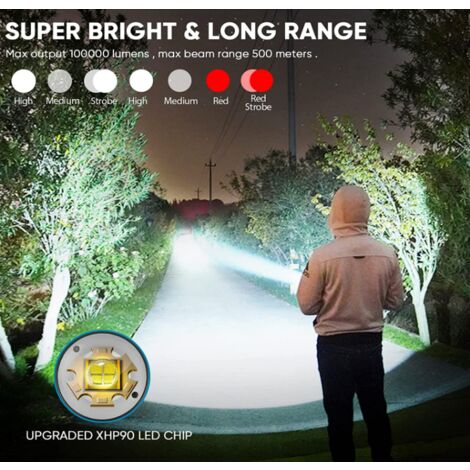 Lampes de poche LED rechargeables super lumineuses, 100000 lumens