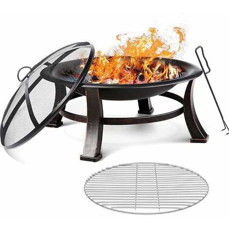 INTEY Round Fire Pit BBQ Grill Patio Garden Bowl Outdoor Camping Heater Log Burner 76 x 46 cm