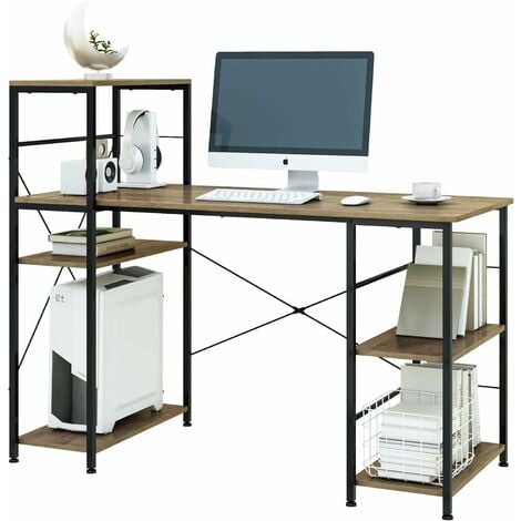 INTEY Computer Desk, 133 cm Writing Desk with Storage Shelves on Left or Right, Stable, Easy Assembly, Wooden Desk Metal Frame, Industrial Study Table for Home Office, Brown
