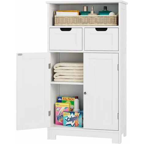 INTEY Bathroom Cabinet White with 2 Drawers and 2 Doors, Storage Cupboard Floor Standing Wooden Tallboy Unit