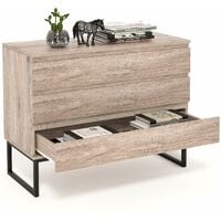 INTEY Sideboard Chest of Drawers Tall Wide Cabinet Metal Base Storage Light Wood