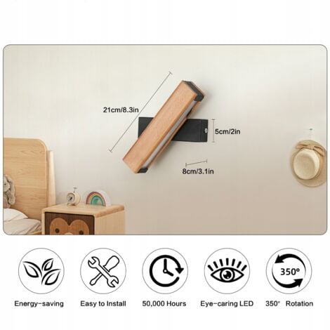 COMELY Applique da parete a LED girevole a 360°, lampada da parete per interni, 21x4x4,5 cm, 4 W, bianco caldo, base nera, 220 V, lampada da comodino, adatta per camera da letto, soggiorno, corridoio,