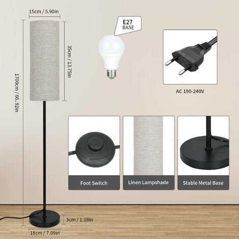 Lámpara de pie regulable, lámparas de pie para sala de estar, lámpara de  pie moderna con pantalla de lino negro, interruptor giratorio, bombilla LED