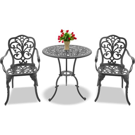 Homeology BANGUI Luxurious Garden & Patio Table & 2 Large Chairs with Armrests Cast Aluminium Bistro Set Grey (1/5)
