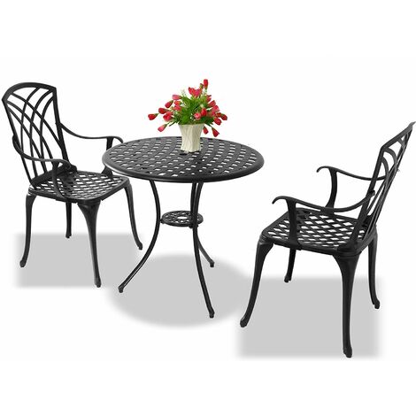 Homeology OSHOWA Cast Aluminium Weatherproof Outdoor Table with 2 Chairs Bistro Set Black (1/5)