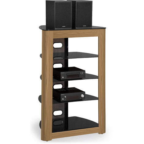 Centurion Supports Zinnia 5-Shelf Black Glass Shelves with Oak Fascia Flat Screen TV / Hi-Fi / AV Rack Entertainment Stand (1/5)