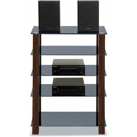 Homeology TRINITY Gloss Black 5 Shelf with Walnut Legs Flat Screen TV Rack Glass Stand (1/5)