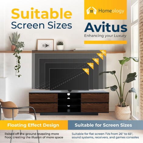 Homeology Avitus Premium High Gloss Black with 4-Walnut Drawers & 3-Shelf 32"-65" LED/OLED/LCD TV Cabinet