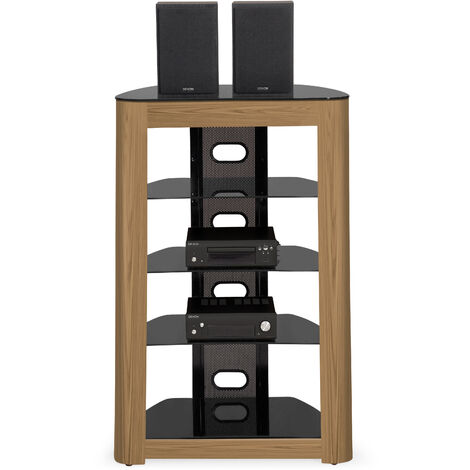 Homeology ZINNIA Black Glass Shelves with Oak Fascia 5-Shelf AV Rack Entertainment Unit Stand (1/5)