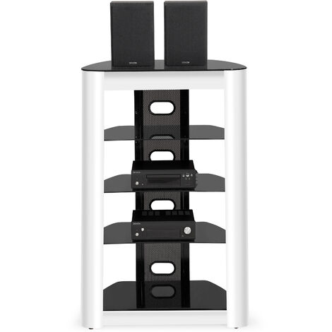 Homeology ZINNIA 5-Tier Black Glass Shelves with Gloss White Facia Entertainment Unit Audio Rack Stand (1/5)