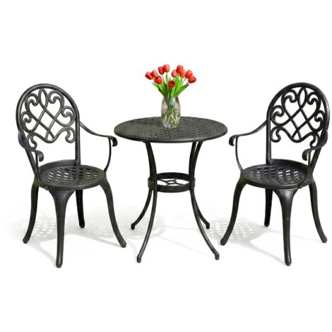 Centurion Supports PREGO Garden & Patio Table & 2 Large Chairs with Armrests Cast Aluminium Bistro Set - Black (1/5)