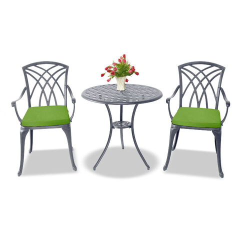 Centurion Supports OSHOWA Luxurious Garden & Patio Table & 2 Chairs Cast Aluminium Bistro Set - Grey with Green Cushions (1/5)